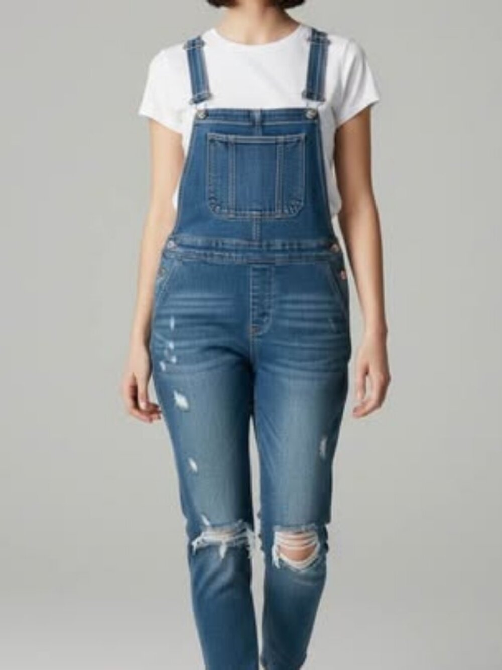 Women's Dark Blue Distressed Denim Bib Overalls – Ripped Knees